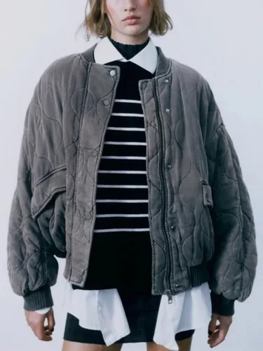 Imagen 2 del producto Chaqueta de aviador de algodón con cuello redondo para mujer, abrigo, Chaqueta de algodón holgada y cálida con cremallera y botones, chaqueta Vintage de moda gris