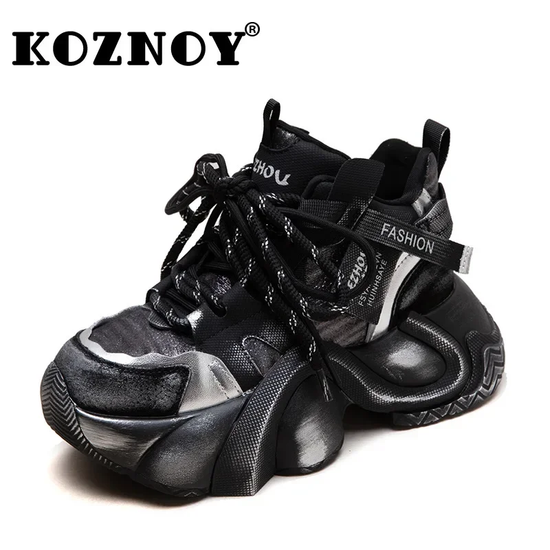 Koznoy 5 cm varkensleer echt platform wedge dikke sneaker vulcaniseer comfortabel dames lente zomer gemengde kleur herfst mode