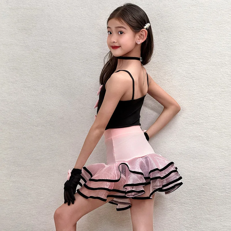 girls-latin-dance-costume-children's-pink-bowknot-bodysuit-and-mesh-cake-skirt-set-sweet-dancers-practice-performance-dancewear