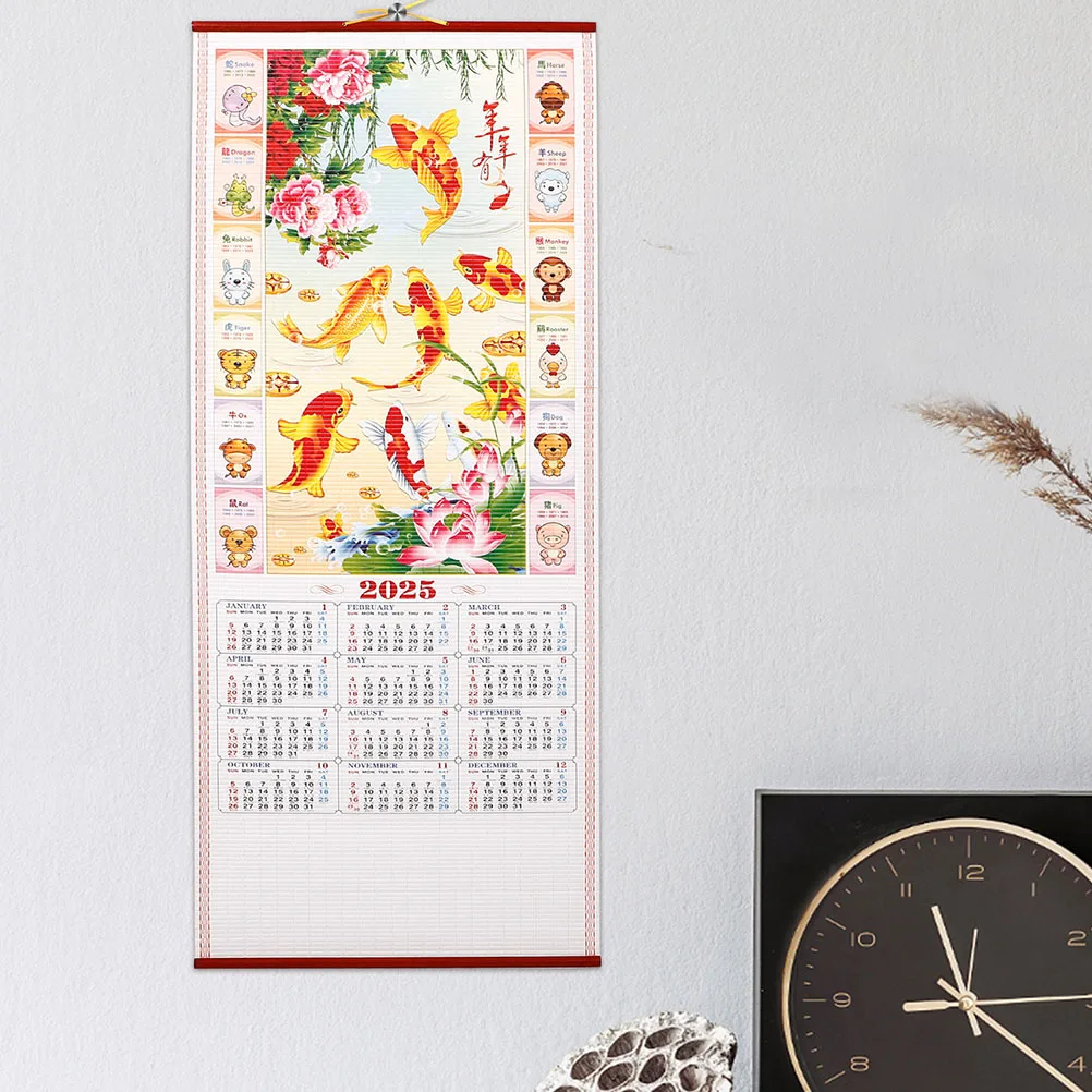 

2Pcs 2025 Year of Snake Wall Calendar Imitation Rattan Scroll Monthly Lunar Calendar Home Office Decor Spring Festival