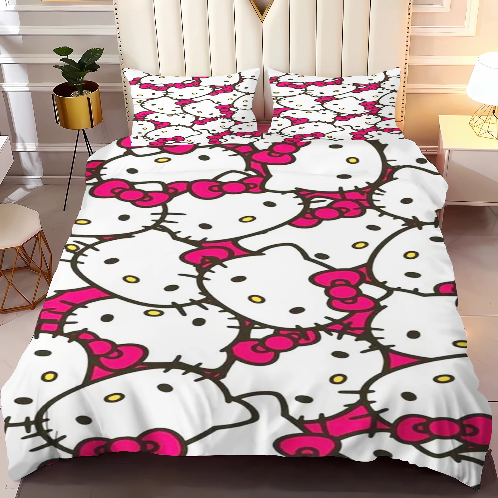 Hello Kitty Duvet Cover 3-Piece Set Children Cartoon Quilt 100% Polyester Soft Breathable Comforter Bedding