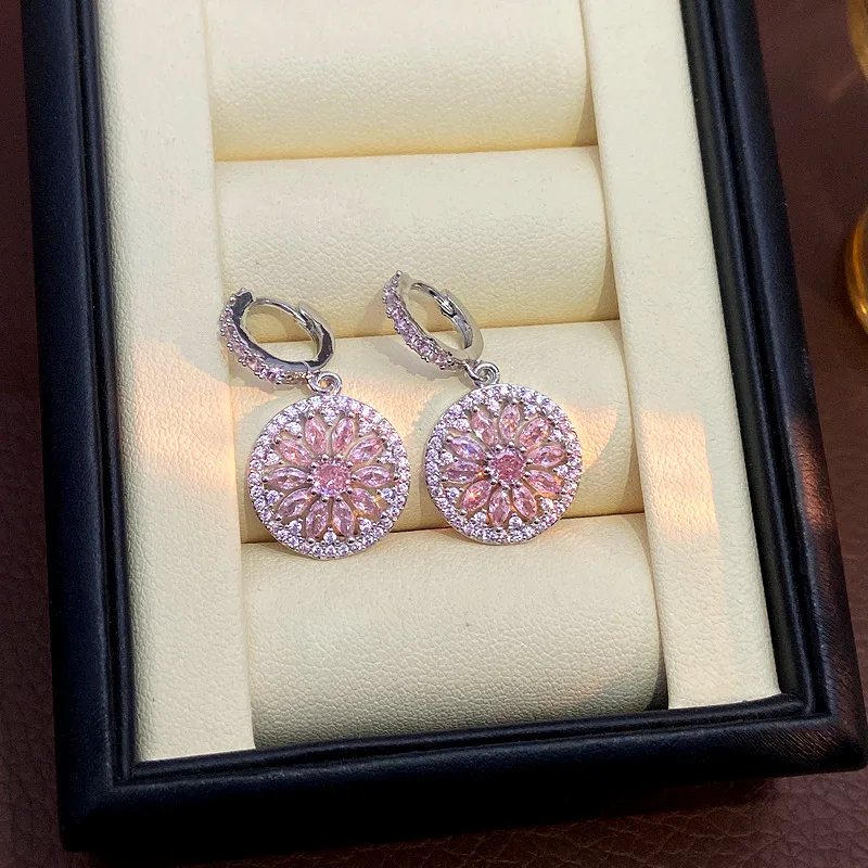 جولة قلادة زهرة هوب أقراط للنساء فضية اللون الوردي الأرجواني الزركون الأذن مشبك الزفاف حفل زفاف مجوهرات متعددة الاستخدامات #3