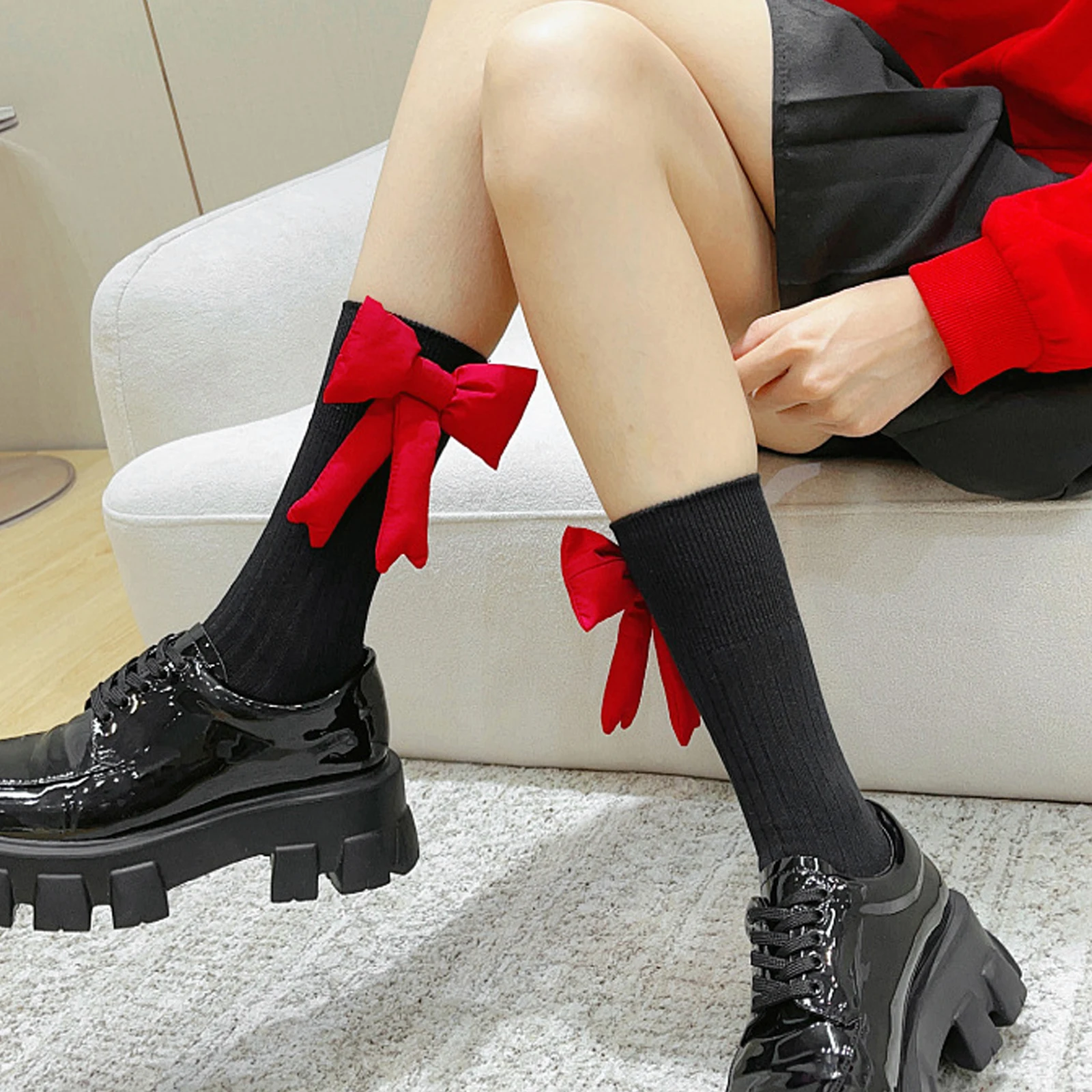 Womens Crew Socks Stylish Ribbed Decorative Red Bow Mid Calf Warm Socks for Daily Life and Holiday