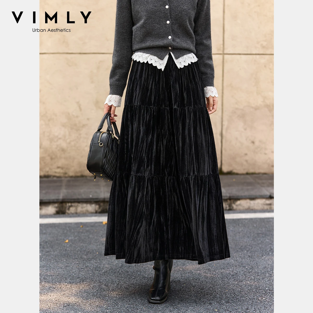 VIMLY Damskie Czarne Aksamitne Spódnice Midi Jesień 2025 Rozkloszowane Warstwowe Plisowane Długie Spódnice Eleganckie Luźne Satynowe Jedwabne Spódnice Damskie A3252