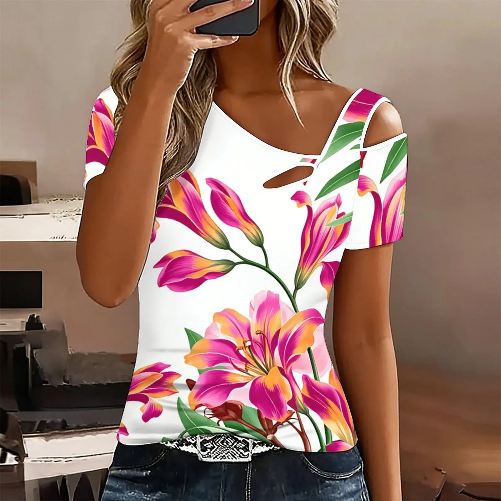 Off-Shoulder Collar Print T-Shirt  Women's Trendy Fashionable  Top Elegant Off-Shoulder Collar Clothes