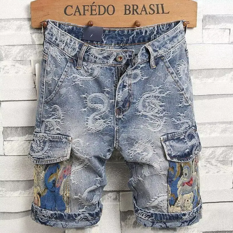 American Stylish Patchwork Embroidered Denim Shorts Men's Summer New High Street Retro Casual Versatile Five-Point Pants