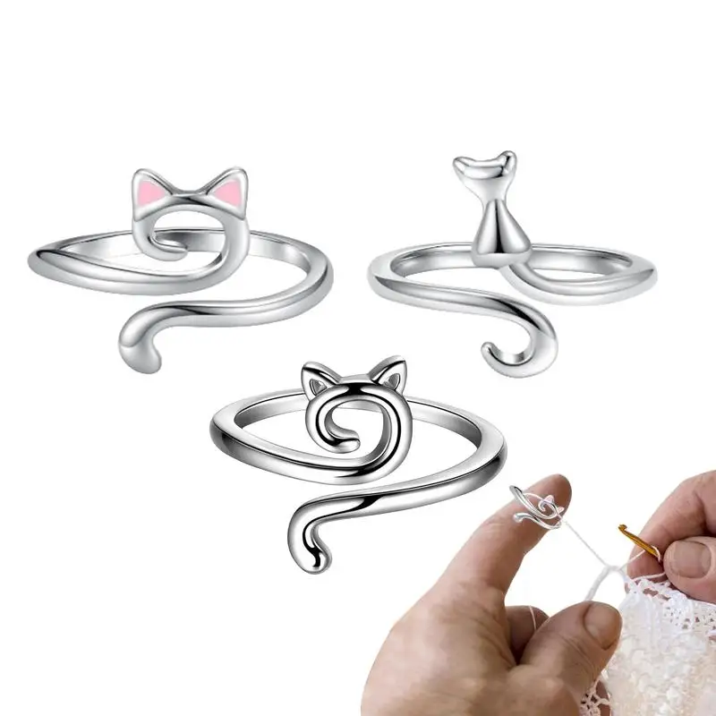 3pcs Crochet Rings Adjustable Cat Ears Knitting Crocheting Loop Regulator Protecting Fingers Weaving Yarn Hoop Sewing Tool