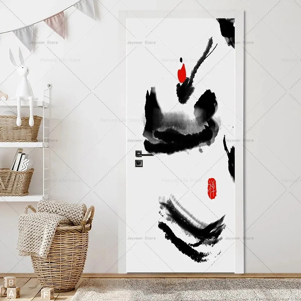 Chinese Ink Wash Landscape with Lone Pine Tree Door Sticker Self Adhesive Waterproof Anti Scratch