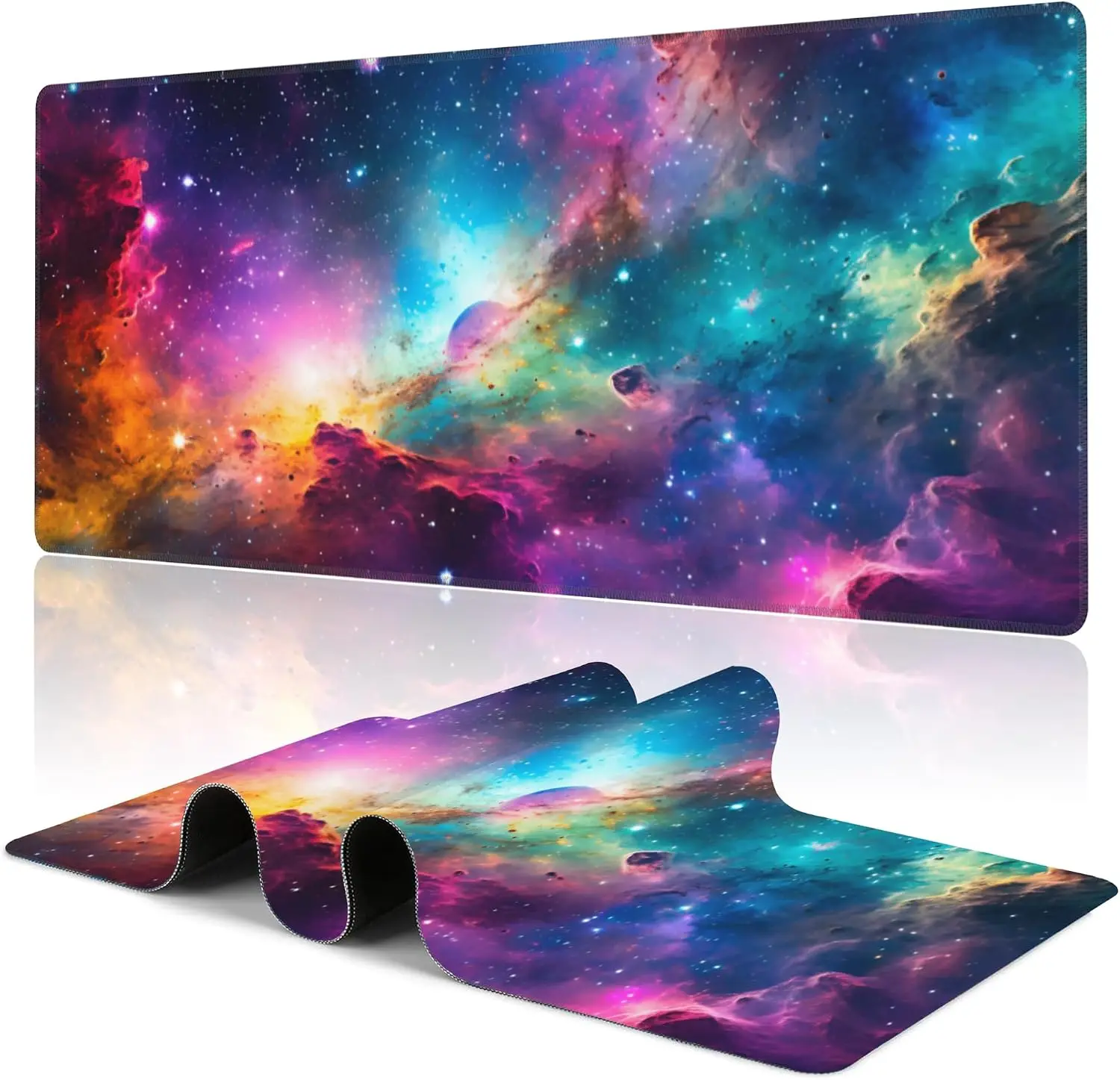 Cosmic Nebula Star Desk Mouse Pad, Bright Multicolor Galaxy Outer Space Pattern, Large Keyboard Mat For Gaming Work Desktop Use
