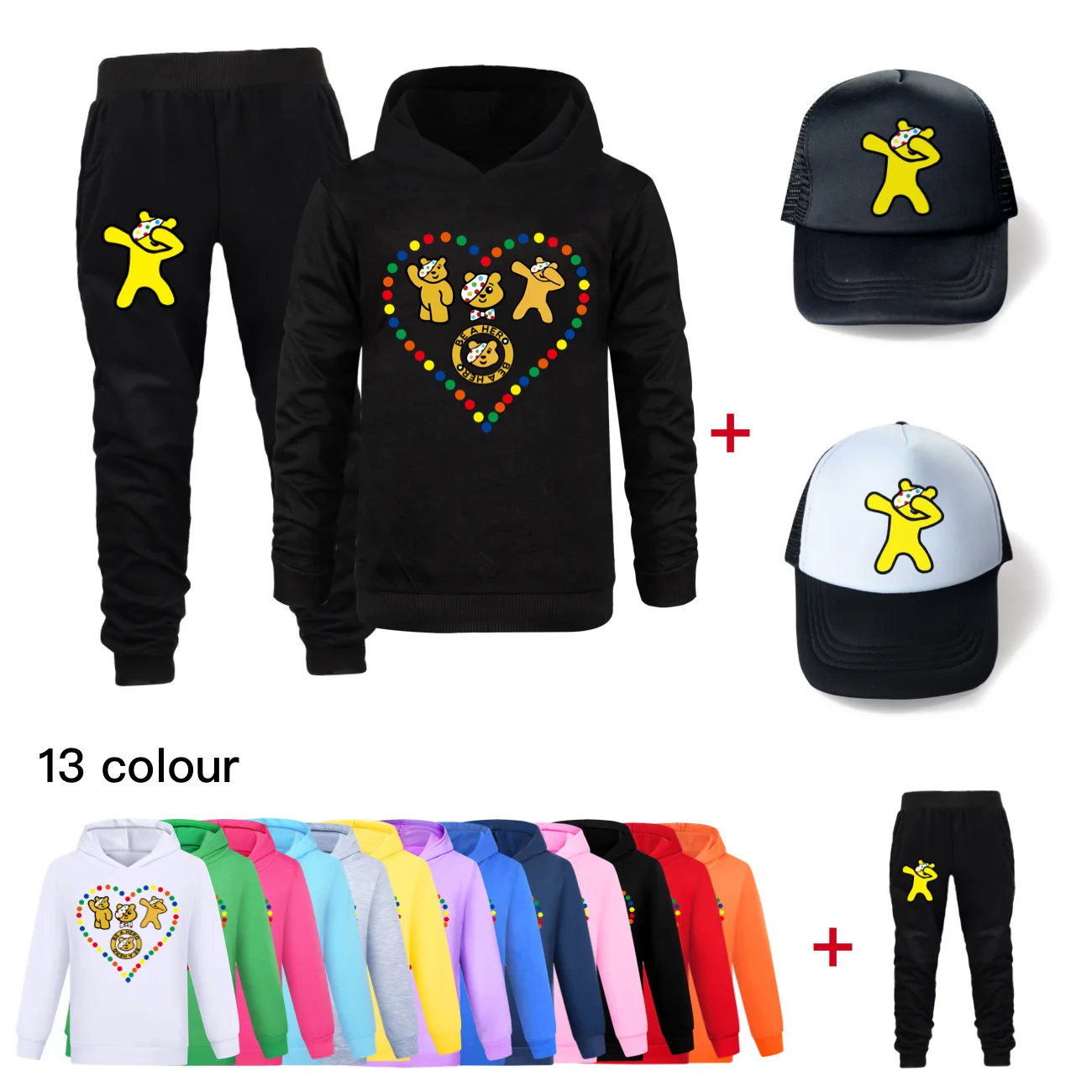 Kids Clothes Cotton Hoody Tshirts Boys Sportswear Girls Sweatshirt DO THE FLOSS pudsey Pullover Hoodies+pants+sunhat 3pcs sets