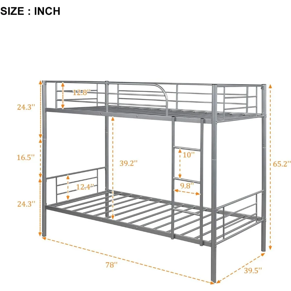 Metal Bunk Bed, Twin Over Twin Bunk Bed with Safety Guard Rails and Ladder, Heavy Duty Steel Bed Frame