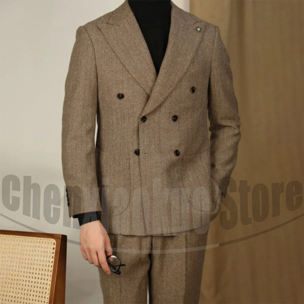 

Мужской комплект из двух предметов с узором «елочка», шикарный двубортный мужской костюм с остроконечными лацканами, официальная деловая повседневная винтажная одежда