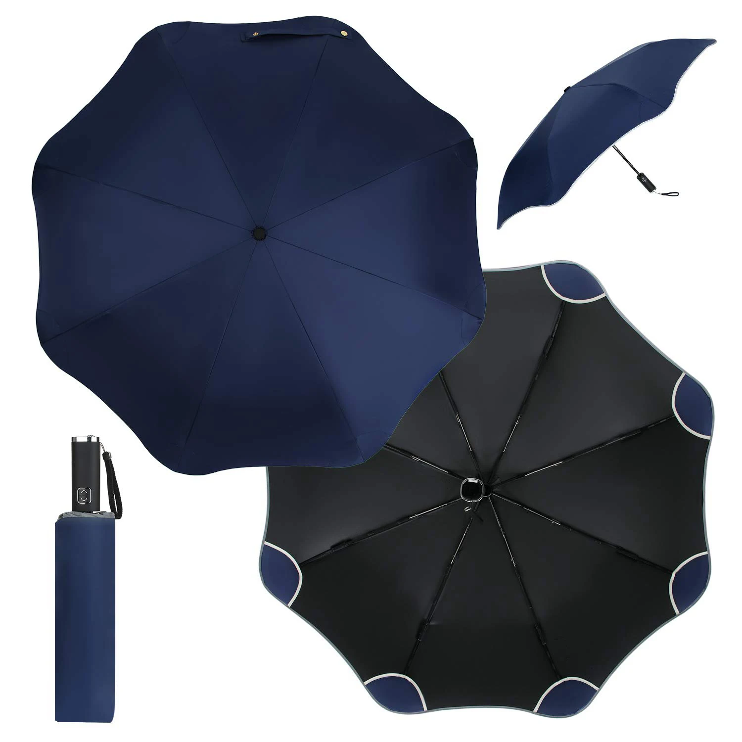 Rounded Corner Windproof Compact Travel Umbrella, Sunshade Umbrella UV Protection Sun & Rain Umbrella Dark Blue