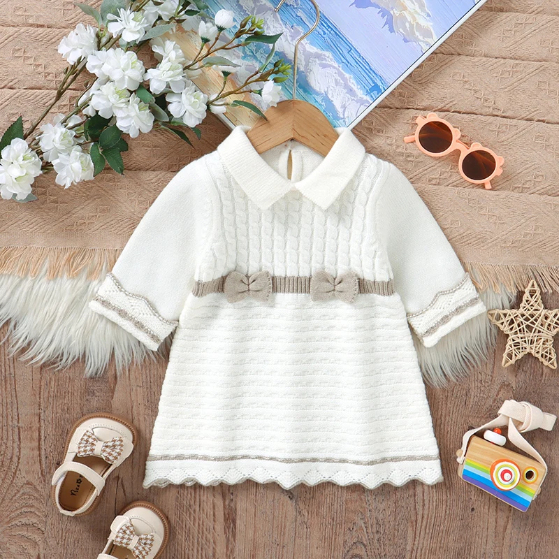 Baby Mädchen Kleid Herbst Weiß Langarm Gestrickte Infant A-Linie Prinzessin Kleider Winter Outwear Kleinkind Kinder Bowknot Outfits