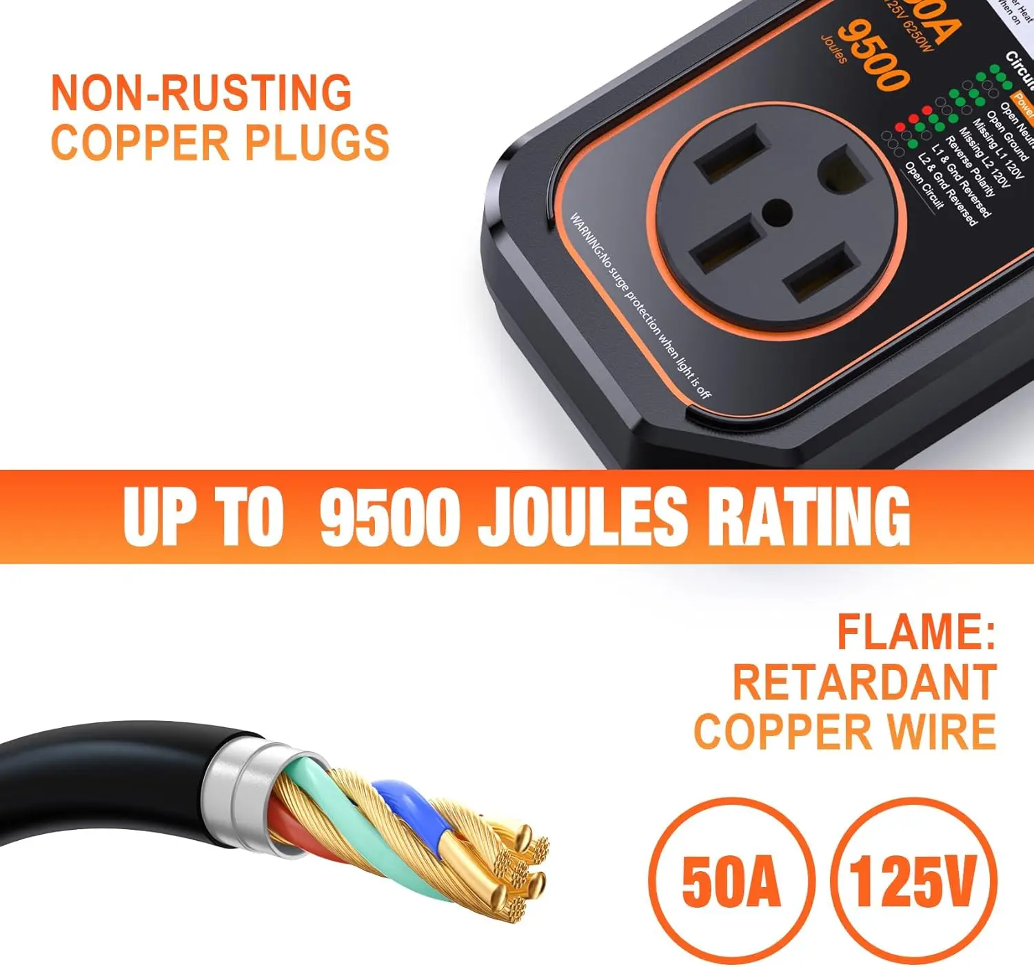 Tool RV Surge Protectors 50 Amp Waterproof, RV Circuit Analyzer, Full Protection RV Adapter Plug for Camper(Orange)