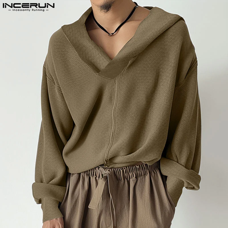 INCERUN Men Pullovers Solid Color V Neck Long Sleeve Knitted Hooded Casual Sweaters Streetwear Autumn 2024 Fashion Men Clothing