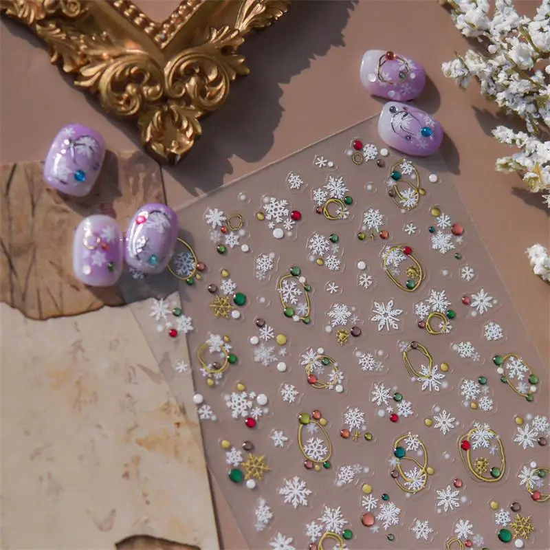 Deliziosi adesivi festivi per nail art con fiocchi di neve a pois, adesivi rialzati con stampa per unghie femminili, decorazioni per unghie per feste