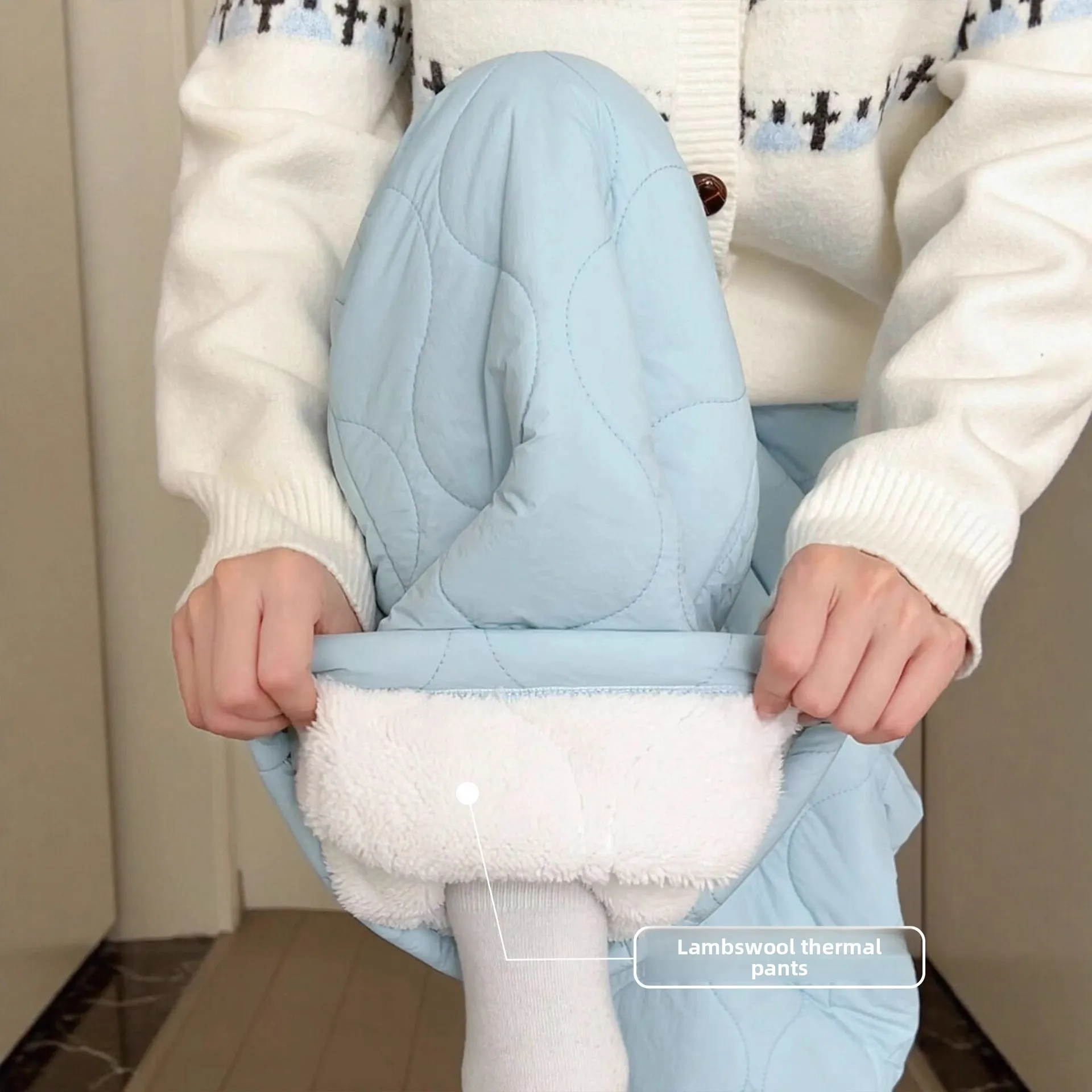 الأزرق لامب المخملية صوف مبطن عادية بنطال ذو قصة أرجل واسعة المرأة الخريف الشتاء نمط جديد دافئ مريح المرقعة أفخم بنطلون #1