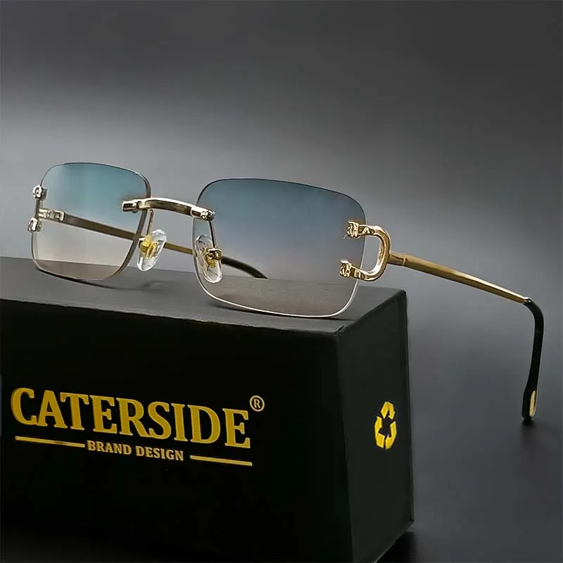 CATERSIDE Rectangular Sunglasses Men Rimless White Copper Small Square Sun Glasses For Women Gradient Lens Outdoor Eyewear UV400