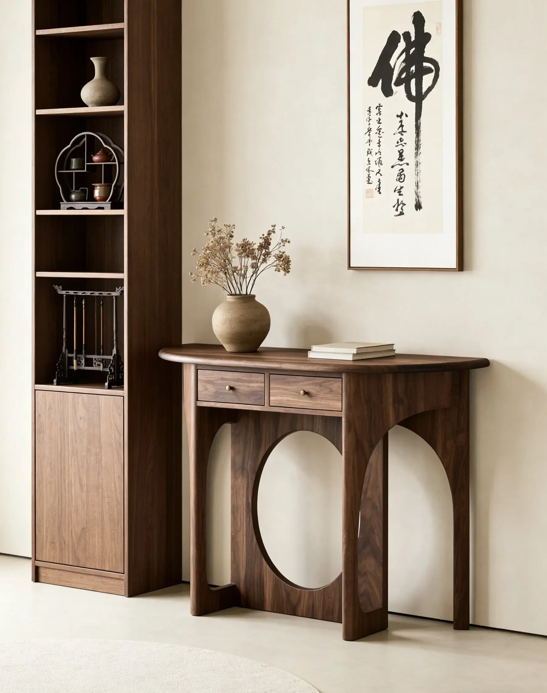 Q Entrance hall aisle solid wood entrance platform New Chinese semi-circular end view platform