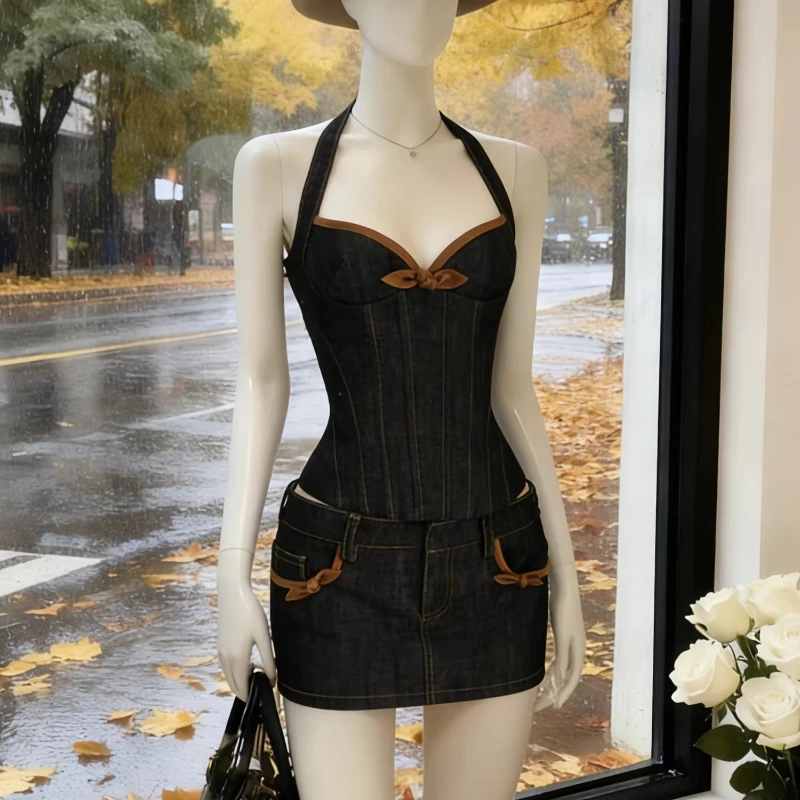 

American Vintage Halter Women's Denim Skirt Suit 2026 Summer New Sexy Sweet Cool Bow Top A-line Skirts Two-piece Sets Ladies