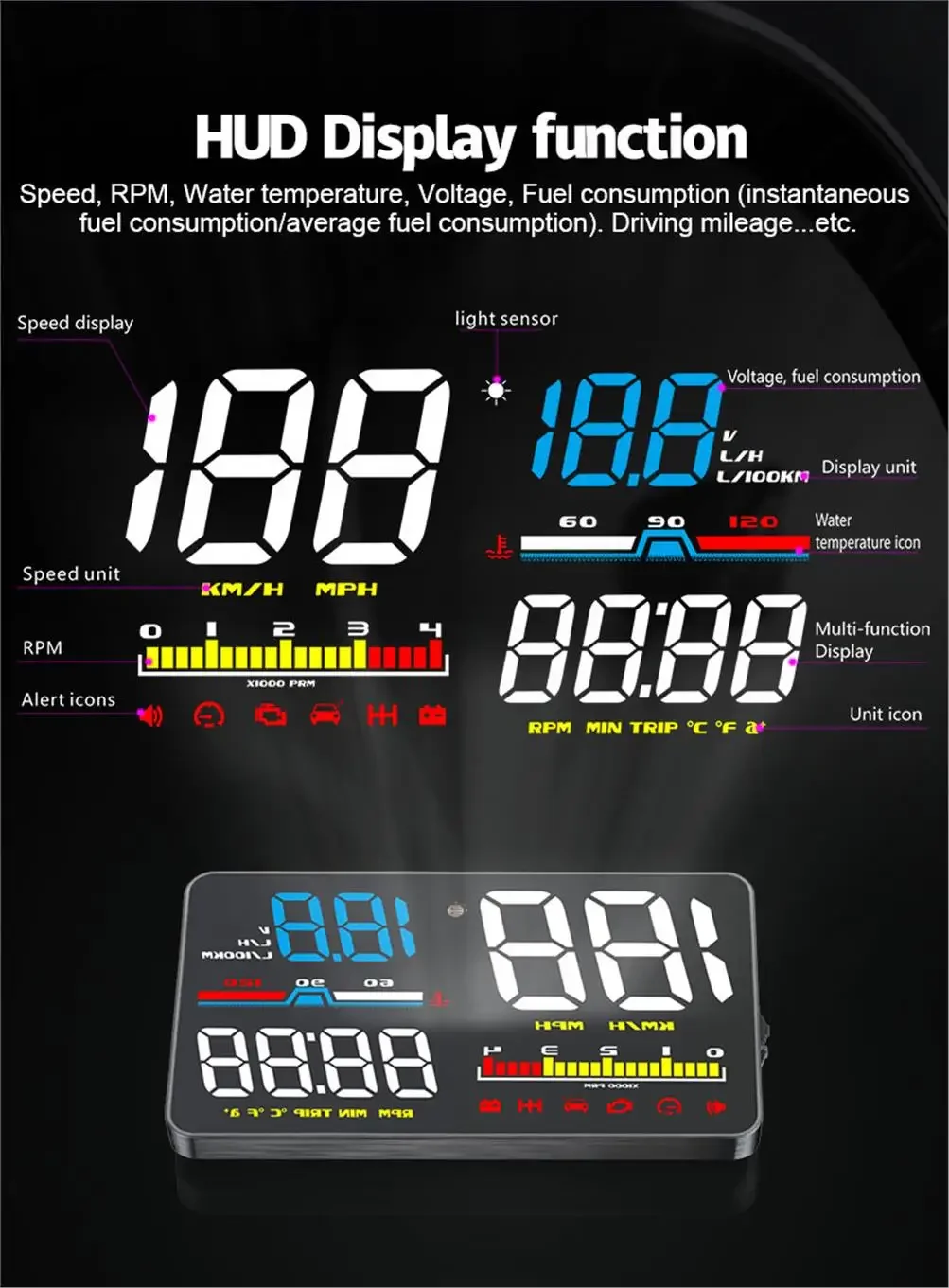 D5000 Digitaler OBD2 Auto-Windschutzscheibenprojektor OBD Head-Up-Display Tachometer Drehzahlmesser Spannungsmesser Wassertemperaturanzeige – Detail 4