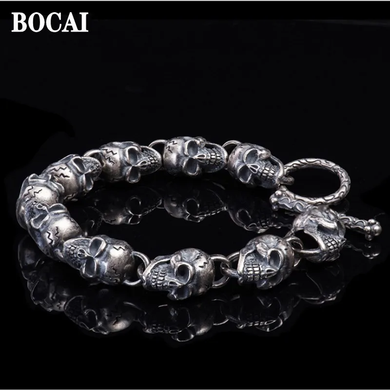 BOCAI New 110% S925 Silver Jewelry Accessories Trendy Skull Retro Personality Hip Hop Punk Men's Bracelet Birthday Gift