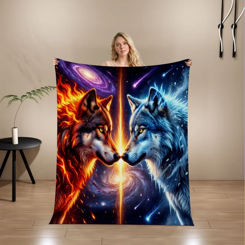 Fire Ice Wolf Flannel Blanket, Ultra-fine Fiber Warm Throw Blanket, Galaxy Cosmic Art Print for Sofa Bed