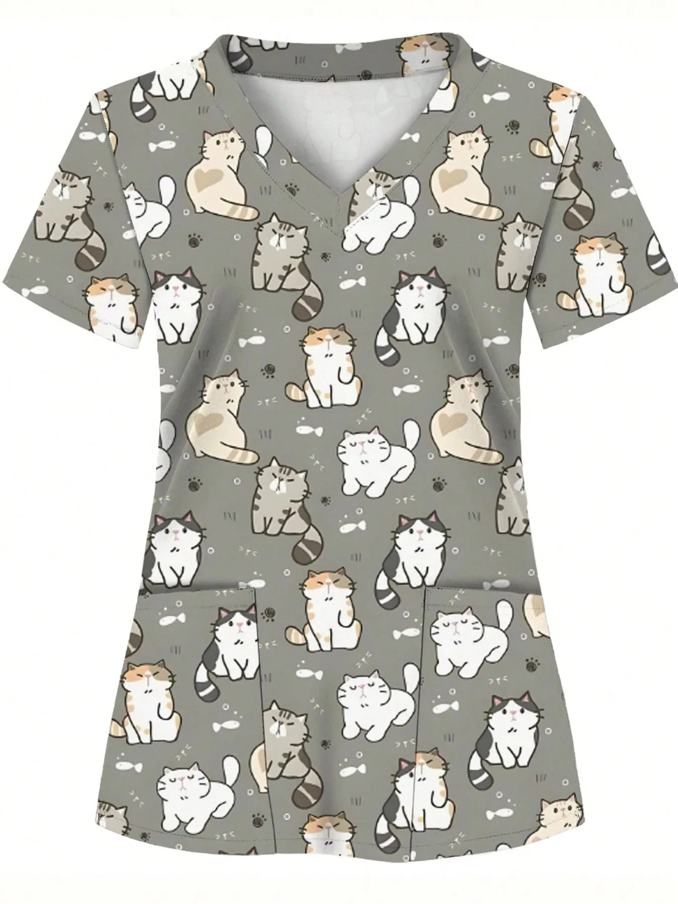 Summer Women's V-neck T-shirt, Printed Workwear Top, Animal Nurse Uniform Shirt with Pockets, Hospital Nursing Uniform