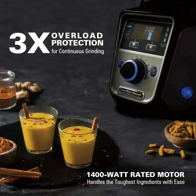 PMD4-Hamilton Beach Molinillo mezclador exprimidor profesional 4 en 1, motor de 1400 vatios de grado comercial, 120 V, 3 tarros a prueba de fugas,