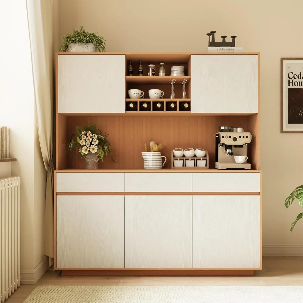 Large Kitchen Pantry Cabinet, Kitchen Hutch Cabinet with 3 Drawers, Microwave Shelf & Wine Racks, Freestanding Cupboard