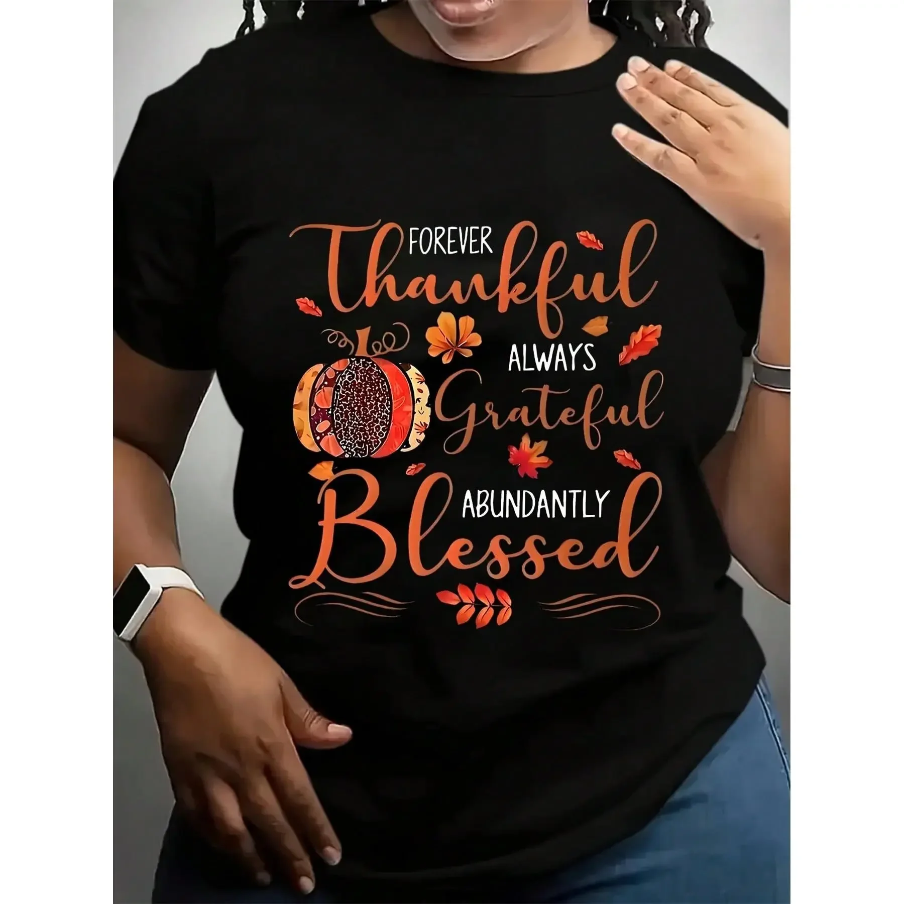 Thanksgiving Women's Plus Size T-Shirt, Thanksgiving Pumpkin Pattern Design, Autumn Casual Street Cotton Short-Sleeved Top, Suitable For Birthdays, Halloween, Thanksgiving, Christmas, Or Family And Friends Gatherings (S-5XL)