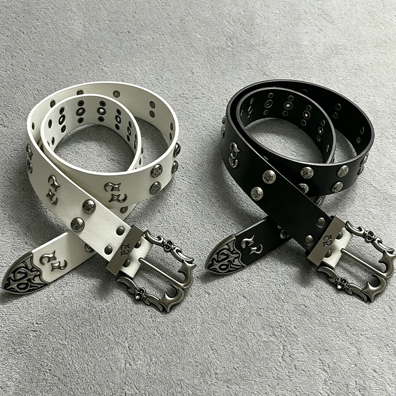 

Fashion PU Leather Rivet-Engraved Metal Buckle Belt for Men Spicy Girl Studs Y2K Belt Black White Waistband Jeans Accessories