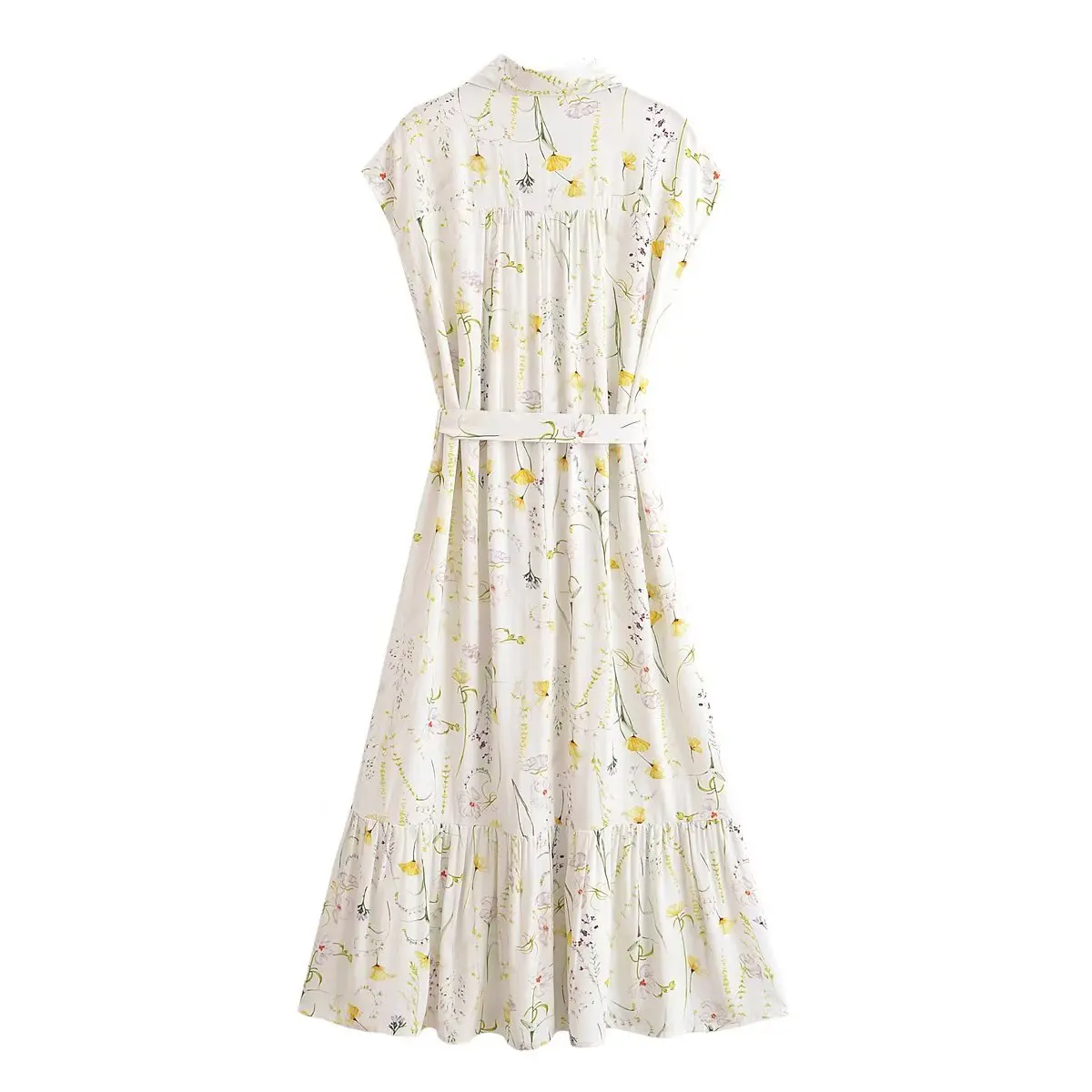 2024 BOHO Bianco Con Fiore Verde Bottoni monopetto Abito camicia lunga Donna Impiombato palla nappa Fessura Orlo Midi Robe Vacanza