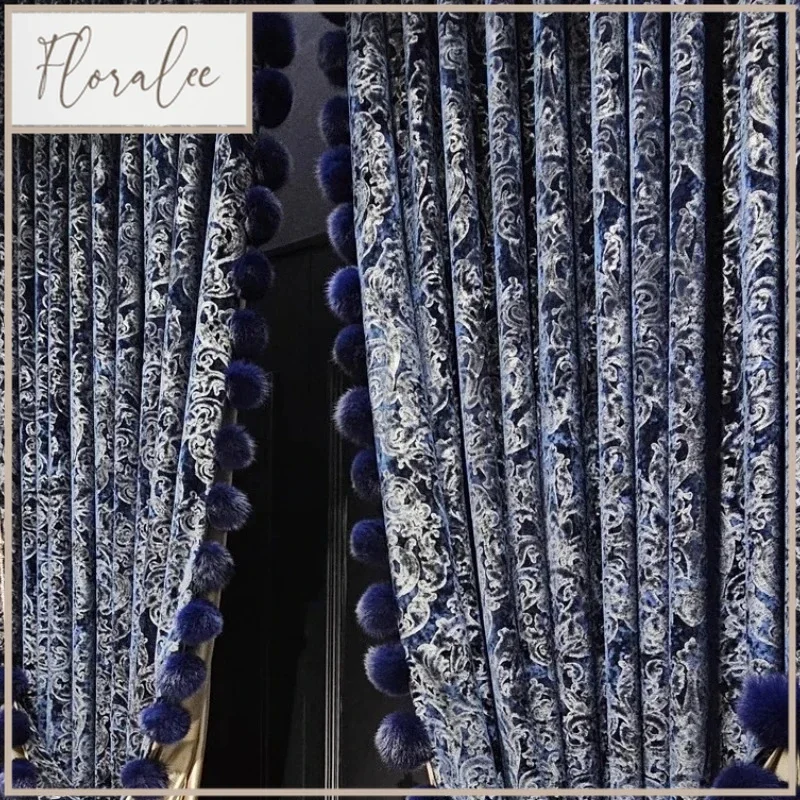French Luxury Blue Velvet Curtains For Living Room Cloth Gold Luxury Curtains American High-end Villa European Custom Size Decor