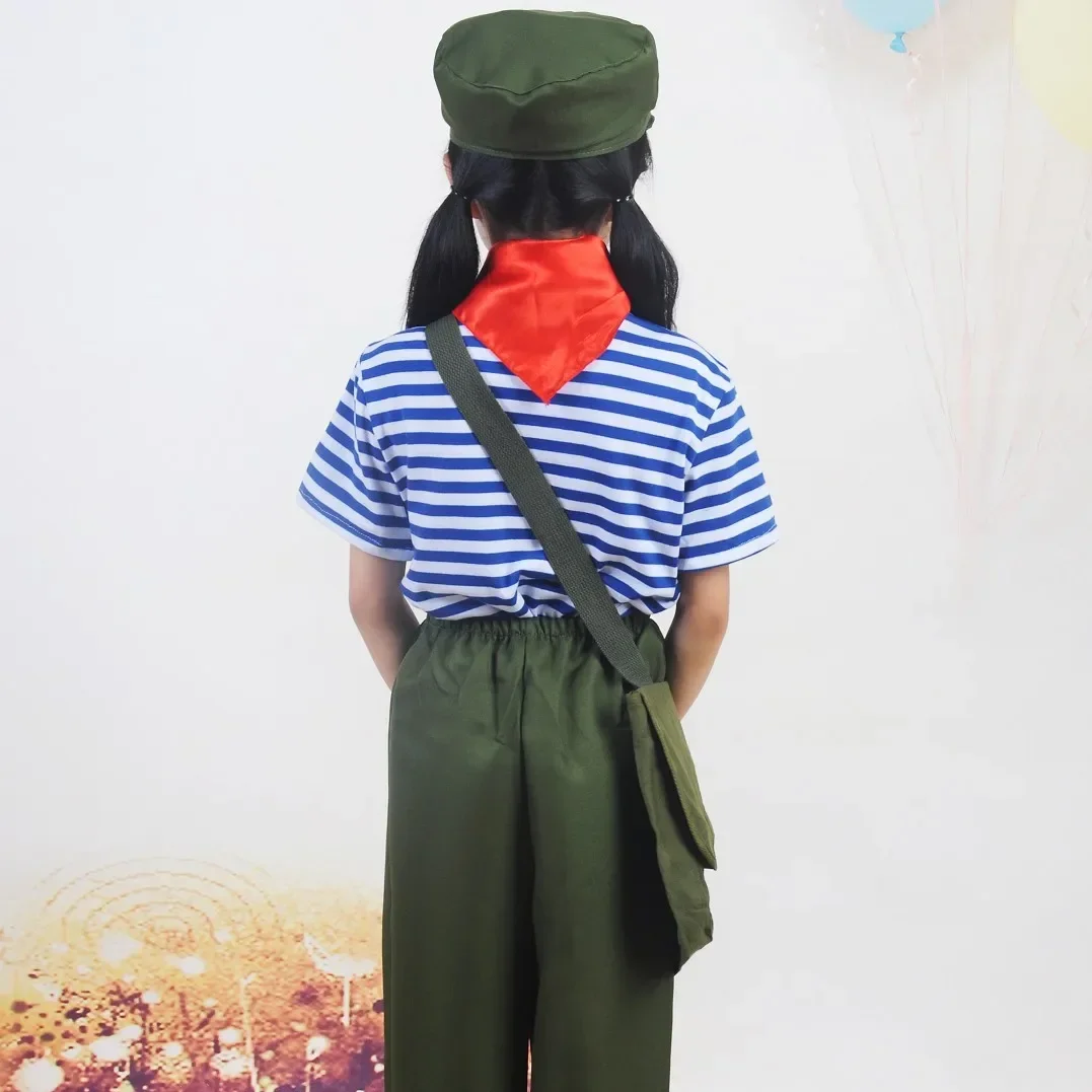 Uniforme militaire, Costume de l'armée rouge chinoise pour enfants, uniformes de scoutisme, spectacle sur scène (haut + pantalon + écharpe rouge + chapeau + sac)