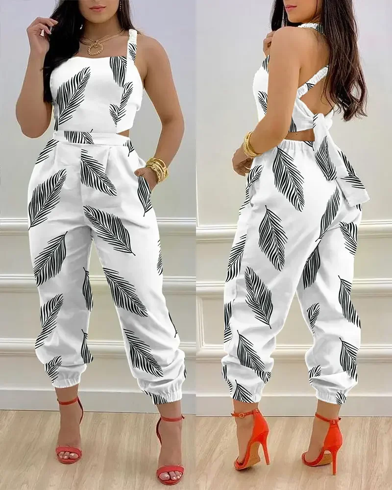 

Plants Print Criss Cross Tied Detail Backless Jumpsuit