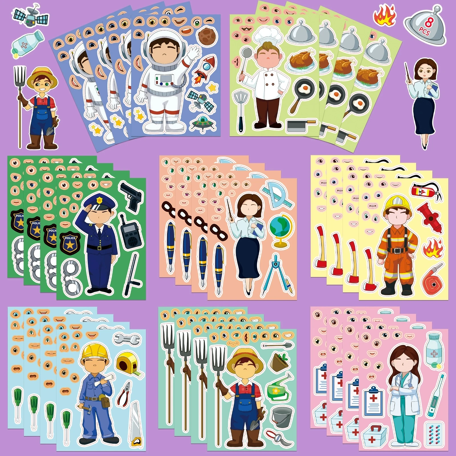 

8/16/24PCS Cute Cartoon Career Face Changing Stickers Doctor Teacher Kids DIY Decals for Scrapbook Journal Craft Reward