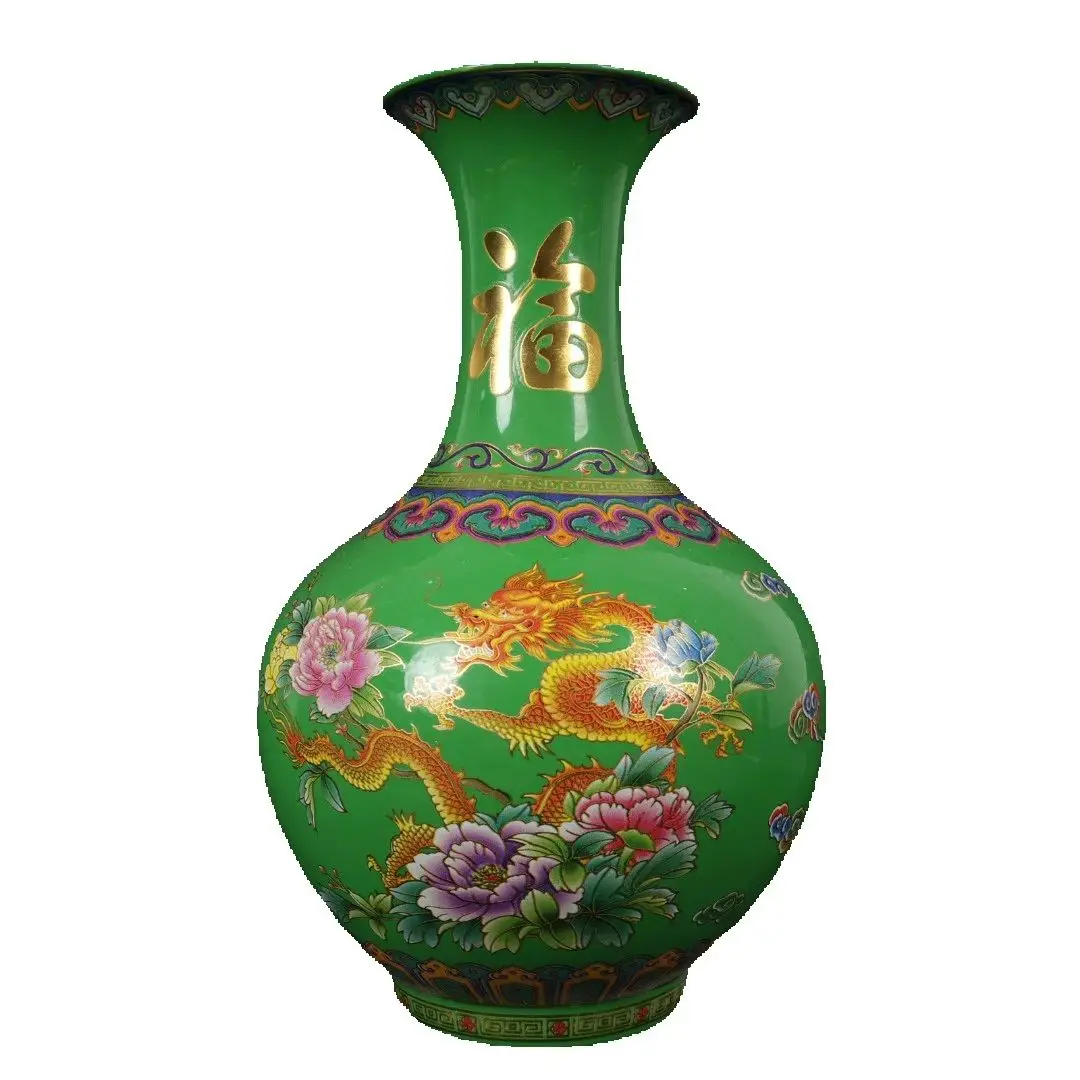 

Chinese Old Porcelain Vase Green Pink Luminous Dragon Phoenix Pattern Ornamental Home Decor Antique Asian Style