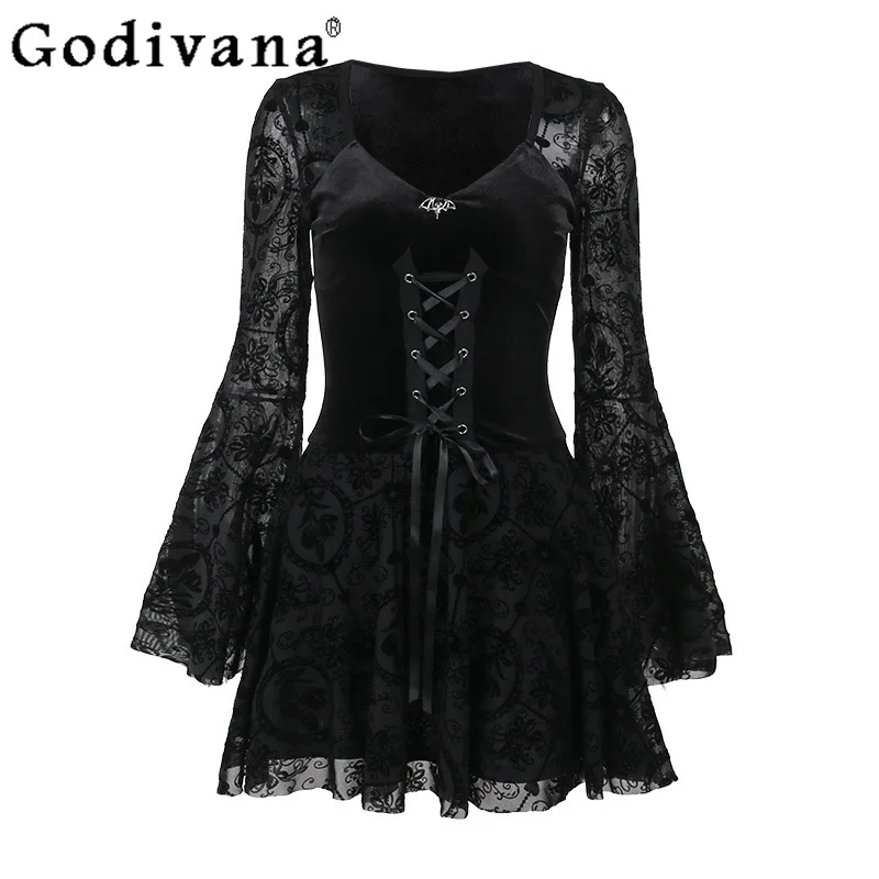 Gothic Style Women's Black Flared Sleeve Dress Subculture Halloween Cosplay Dress Female Long Sleeve Christmas Costume