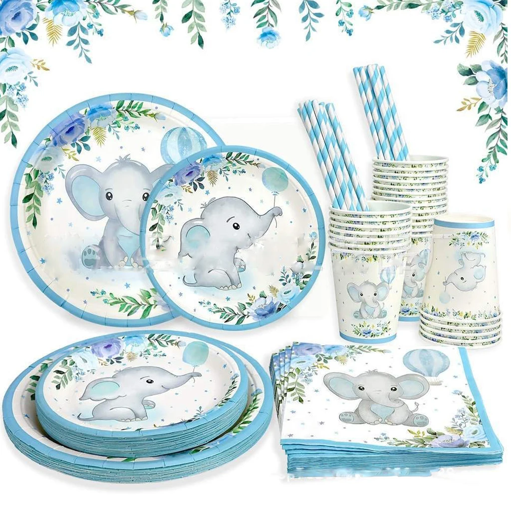 

Boy Blue Elephant Theme Baby Welcoming Party Decorations Disposable Tableware It's A Boy Baby Shower Paper Plates Cups Napkin