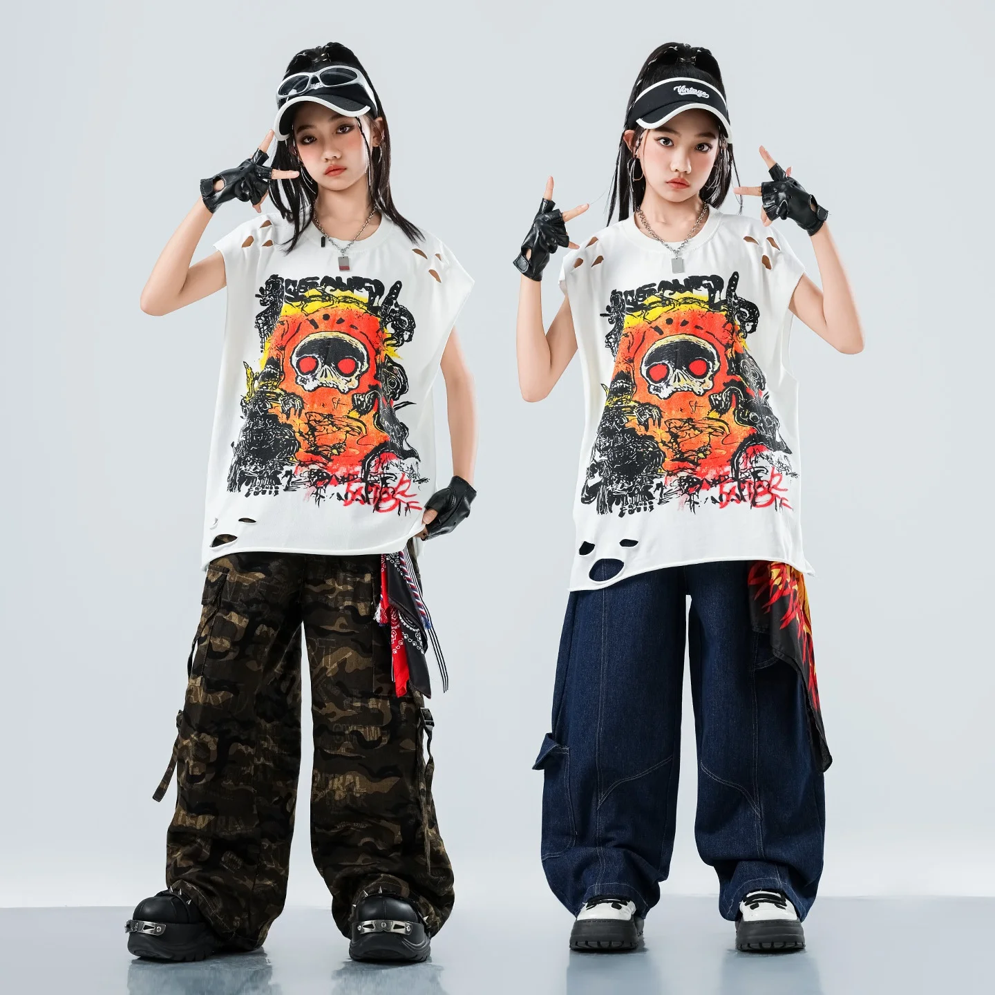 Kinderen Hip Hop Kostuum Meisjes Jazzdans Kleding Wit Tops Camouflage Broek Show Outfit Cool Street Dance Wear AMY2587