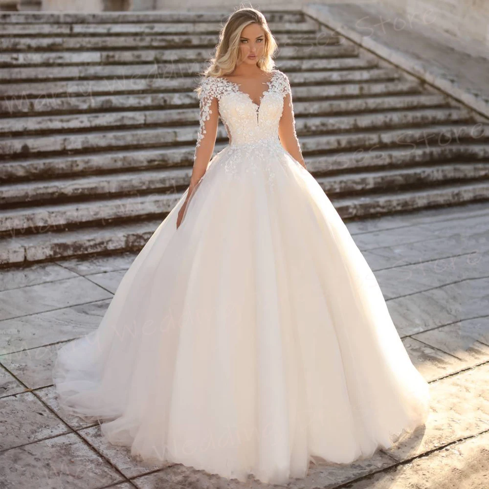 Squisito scollo A V una linea abiti da sposa da donna popolari Appliques di pizzo abiti da sposa nuovi abiti da sposa con maniche A tre quarti