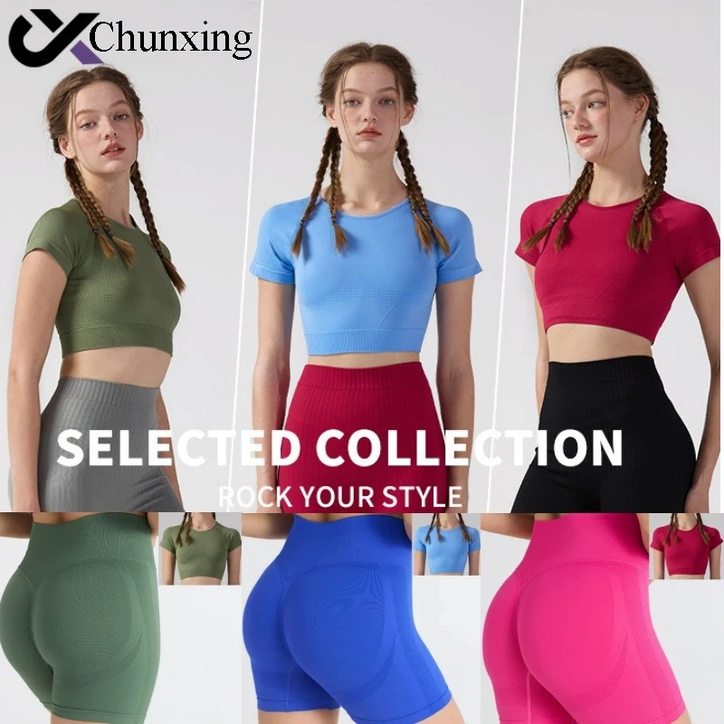 Hoge sterkte schokabsorberende nauwsluitende draad sport top met korte mouwen voor dames naadloze hoog getailleerde strakke broek shortset