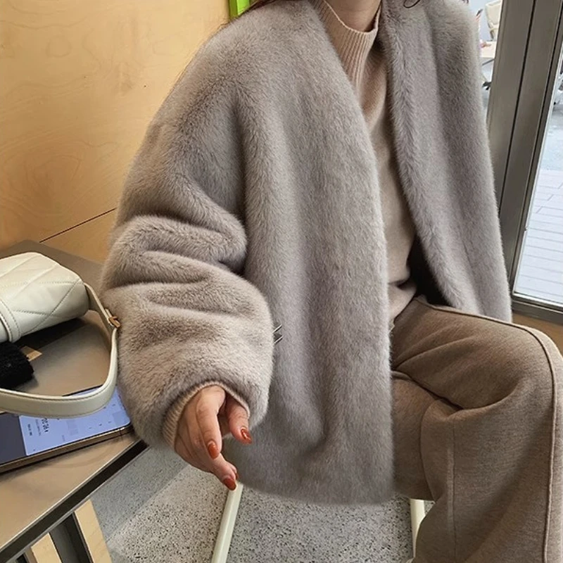 

Women Faux Fur Coats Mid Length Coat Thick Warm Y2k Streetwear Elegant Splice Open Stitch Outerwear 2025 Autumn Winter Jackets