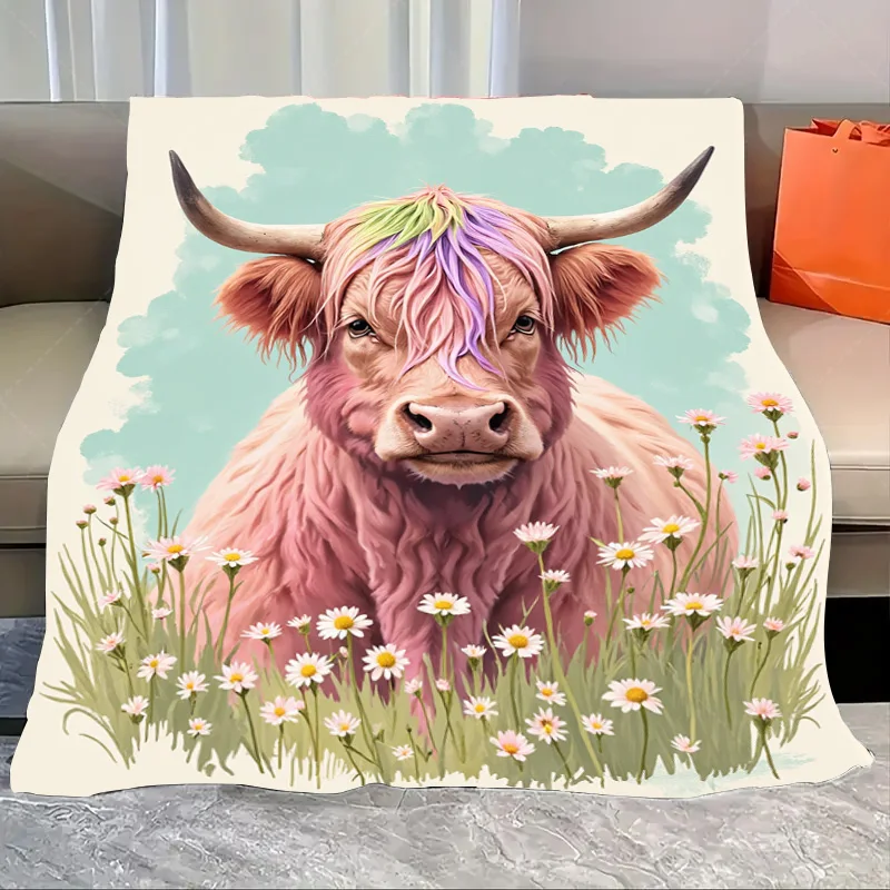 

1pc Flannel Blanket Colorful Highland Cow in Daisy Field Soft Cozy Blanket