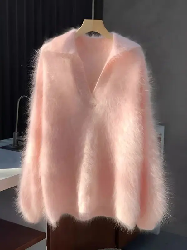 

Стильный вязаный свитер с модным дизайном, пушистый, теплый, с красивым отложным воротником, для осени и зимы, женская мода