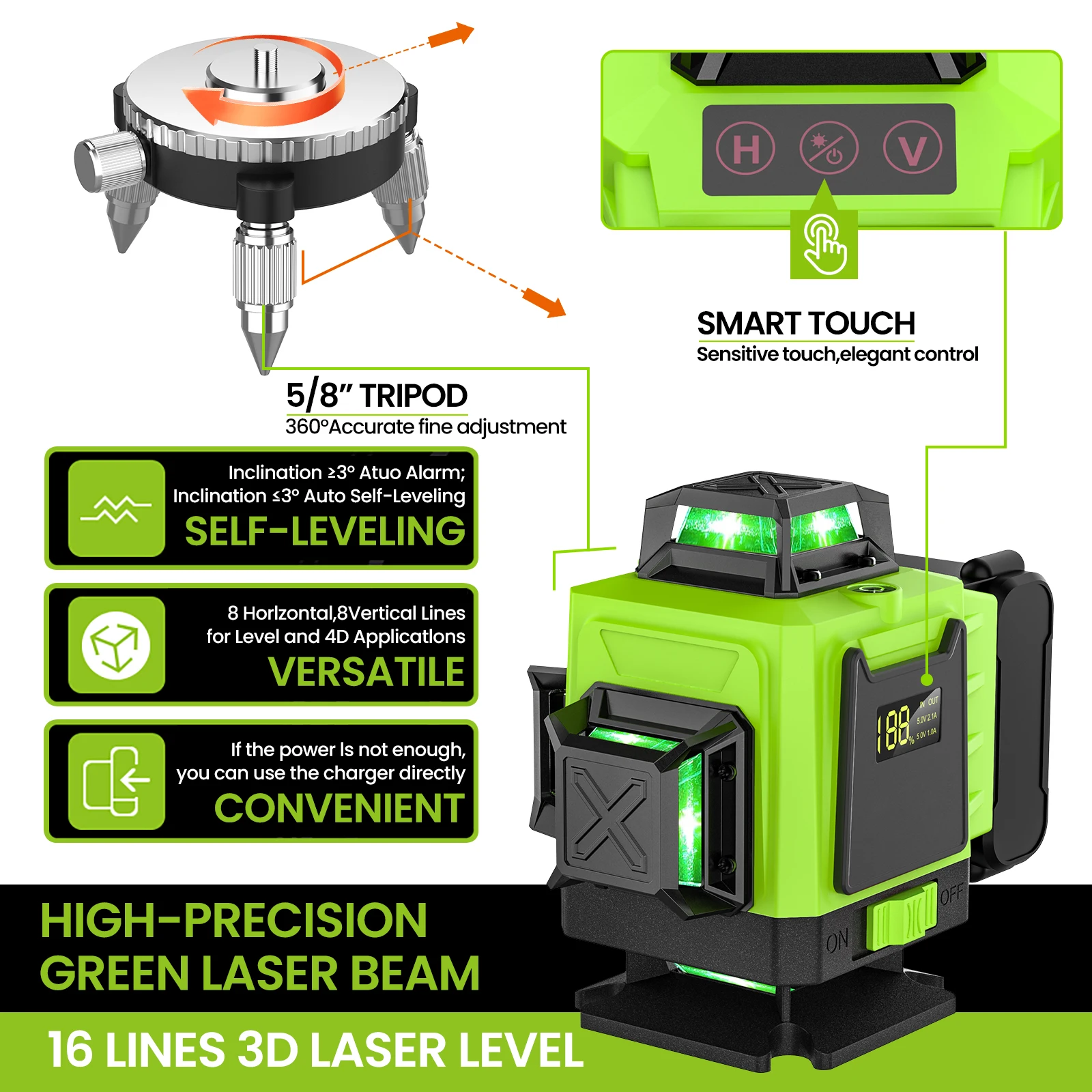 16 Linien 4D Laser-Nivelliergerät 360 ° Selbstnivellierender Horizontaler und Vertikaler Kreuz-Super-Power-Grüner Laserstrahl mit Stativ – Detail 9
