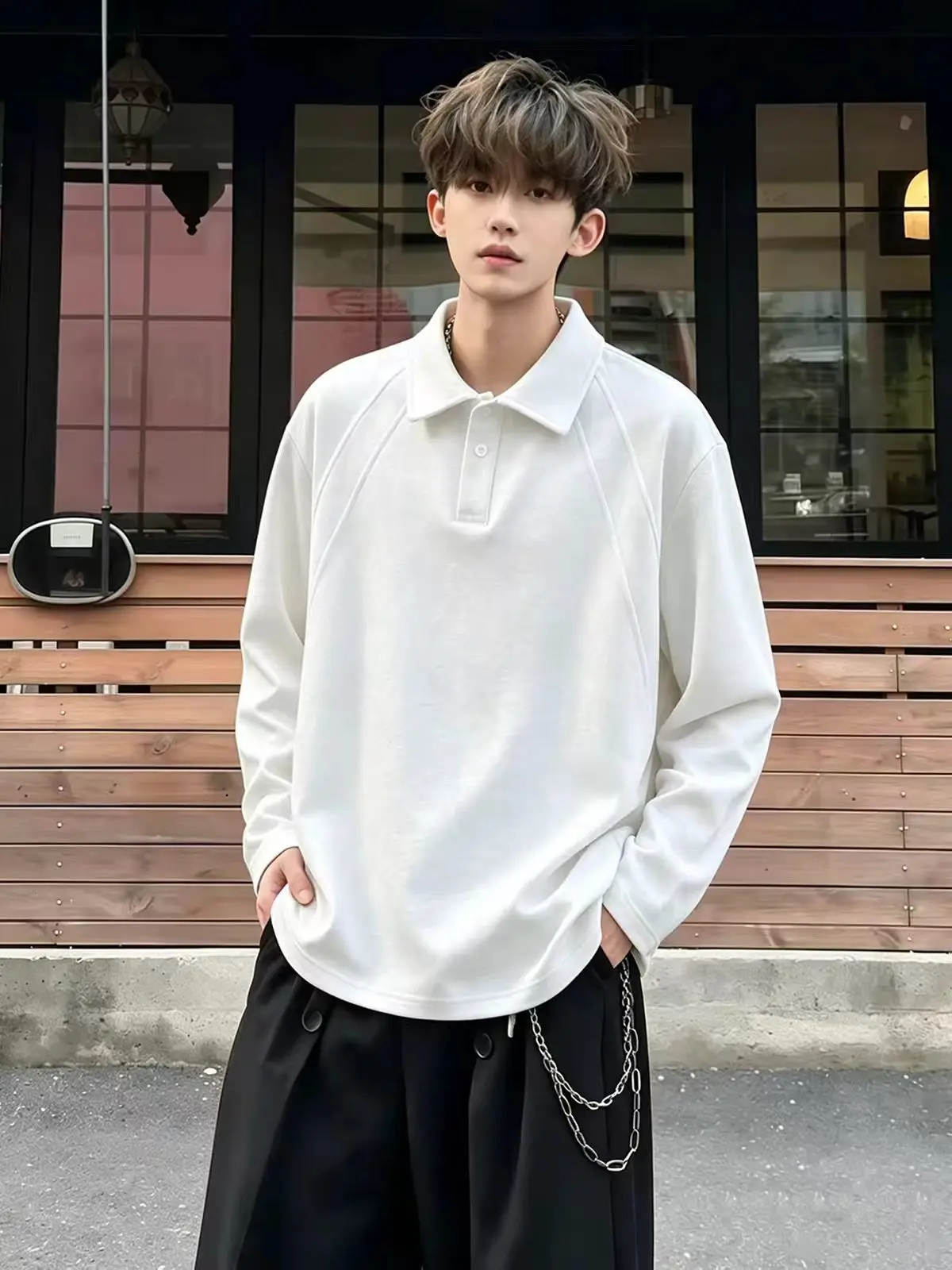 American Style Deconstructed Patchwork Hoodie Men's Long Sleeve  Shirt Cleanfit Shoulder Autumn Base Shirt White Grey