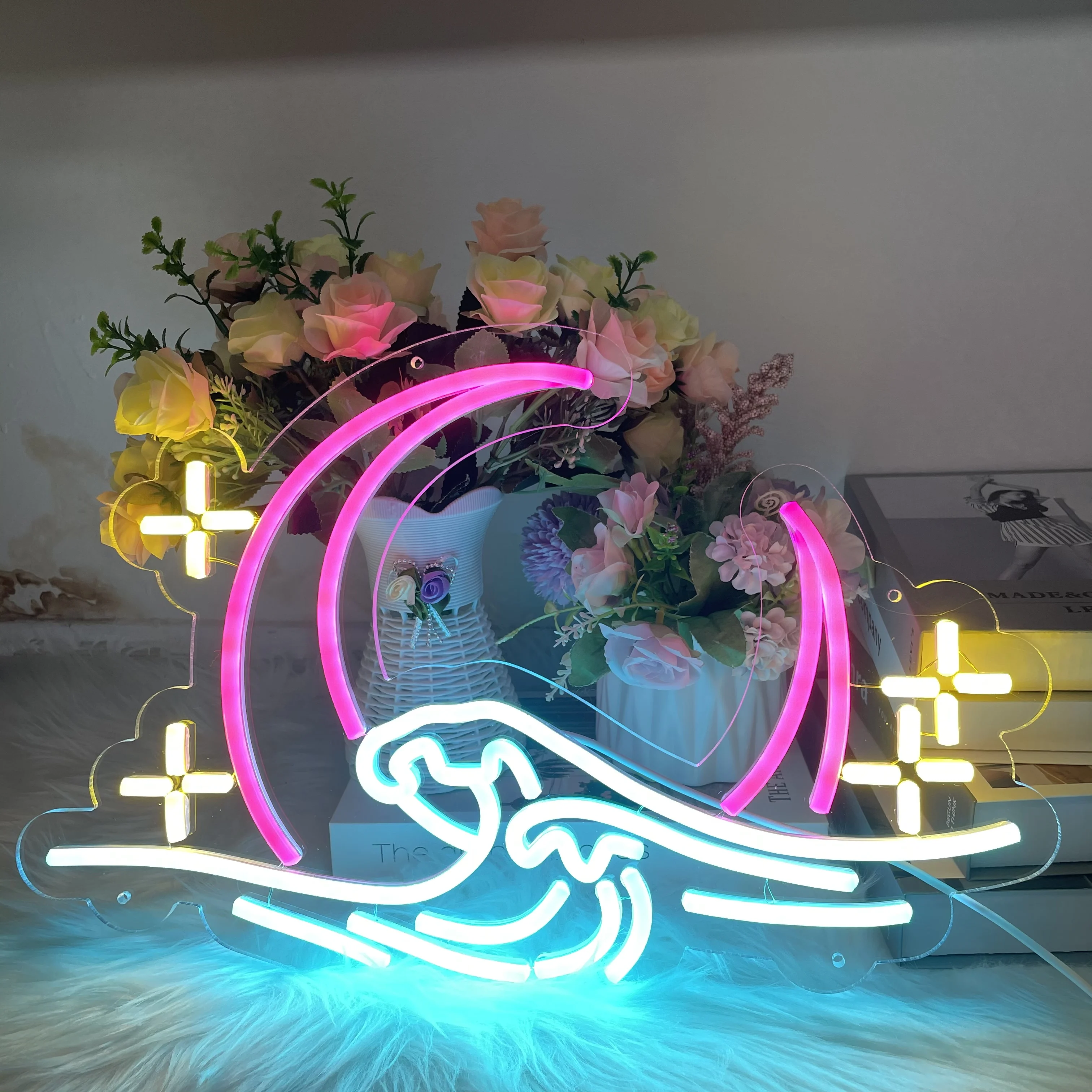 Imagem -03 - Custom Wave And Moon Neon Sign Art Led Light Onda Oceano Wall Decor Sala de Jogos Bar Quarto Atmosfera de Casamento